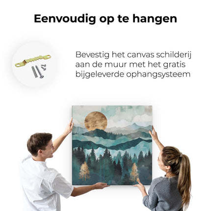 Canvas schilderij ophangen Aquarelkunstwerk van Bergen en Bomen