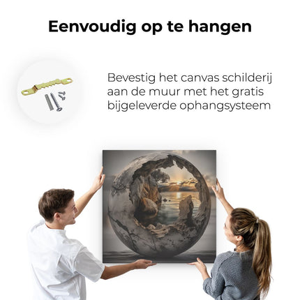 Canvas schilderij ophangen Bol met Rotsen en een Zonsondergang