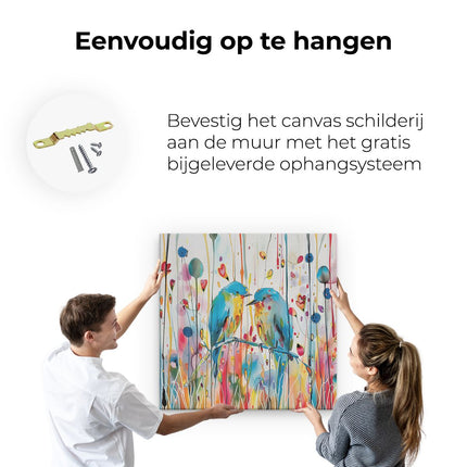 Canvas schilderij ophangen Twee Vogels op een Tak