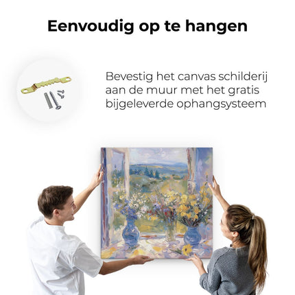 Canvas schilderij ophangen Bloemen in Blauwe Vazen ​​Op een Vensterbank