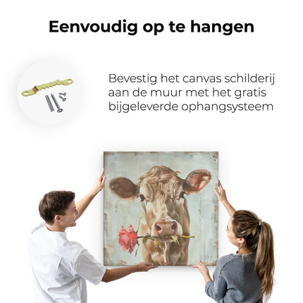 Canvas schilderij ophangen Koe met een Roos in haar Bek