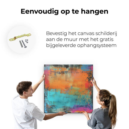 Canvas schilderij ophangen Abstract Kunstwerk met Blauwe, Oranje en Paarse Kleuren