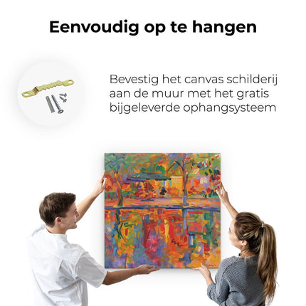Canvas schilderij ophangen Kleurrijk Kunstwerk van een Vijver en Bomen