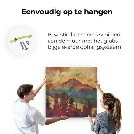 Canvas schilderij ophangen Aquarelkunstwerk van Bergen en Bomen