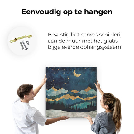 Canvas schilderij ophangen Nachtelijke Hemel met Bergen en Sterren