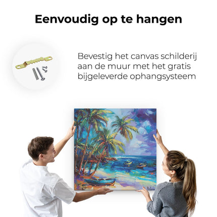 Canvas schilderij ophangen Kunstwerk van een Strand met Boten en Palmbomen
