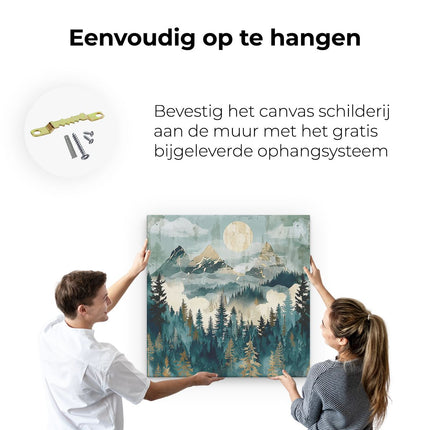 Canvas schilderij ophangen Aquarelkunstwerk van een Bos met Bomen en een Maan