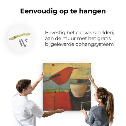 Canvas schilderij ophangen Rode Vogel zit Naast een Kopje Koffie