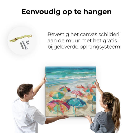 Canvas schilderij ophangen Kleurrijke Parasols op het Strand