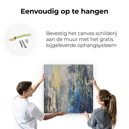 Canvas schilderij ophangen Abstract Kunstwerk met Blauwe, Gele en Zwarte Druppels