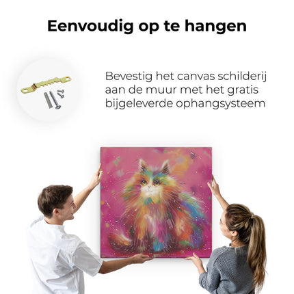 Canvas schilderij ophangen Kleurrijke Kat, Zittend op een Roze Achtergrond