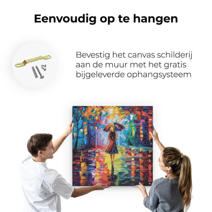 Canvas schilderij ophangen Vrouw die in de Regen loopt met een Paraplu