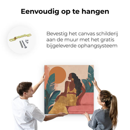 Canvas schilderij ophangen Vrouw in een Gele Jurk Zittend op een Bank