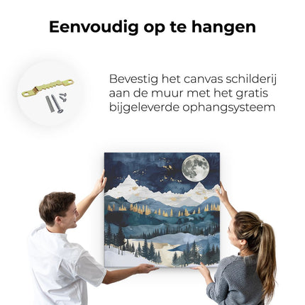 Canvas schilderij ophangen Aquarelkunstwerk van een Besneeuwd Landschap met een Volle Maan
