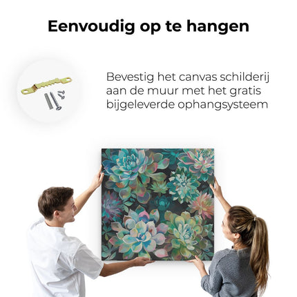 Canvas schilderij ophangen Kleurrijke Vetplanten op een Zwarte Achtergrond