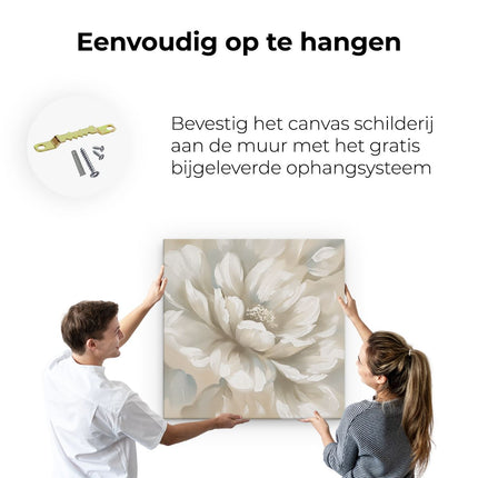 Canvas schilderij ophangen Witte Bloem op een Beige Achtergrond