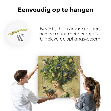 Canvas schilderij ophangen Vrouw met Groen haar en Vogels op haar Hoofd