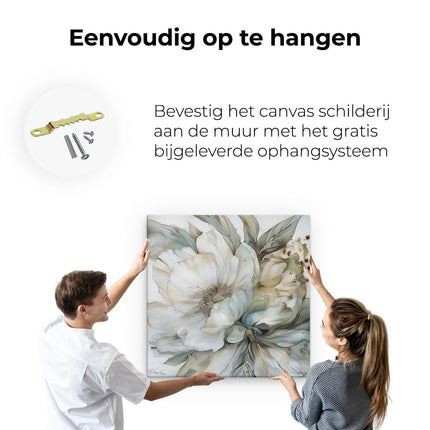 Canvas schilderij ophangen Kunstwerk van een Witte Bloem op een Witte Achtergrond