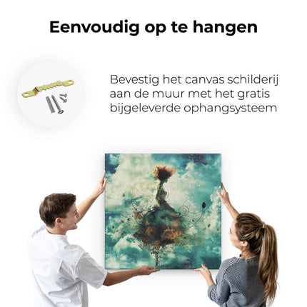 Canvas schilderij ophangen Meisje in een Jurk die door de Wolken Vliegt