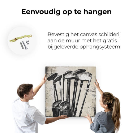 Canvas schilderij ophangen Groep Golfclubs in een Tas