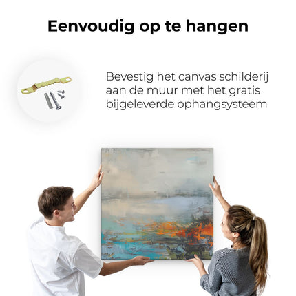 Canvas schilderij ophangen Abstract Kunstwerk met Oranje, Blauwe en Groene Kleuren