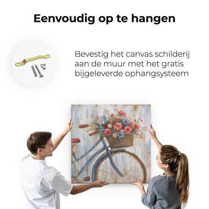 Canvas schilderij ophangen Kunstwerk van een Fiets met Bloemen in een Mand