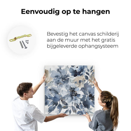 Canvas schilderij ophangen Blauwe en Beige Bloemen op een Witte Achtergrond