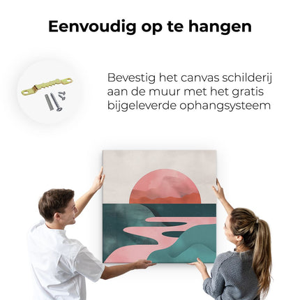 Canvas schilderij ophangen Zonsondergang over een Rivier en Bergen