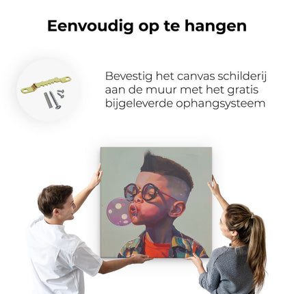 Canvas schilderij ophangen Jonge Jongen die een Bel Blaast