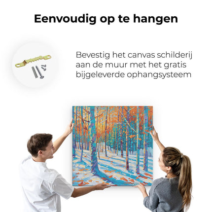 Canvas schilderij ophangen Kunstwerk van een Besneeuwd Bos bij Zonsondergang