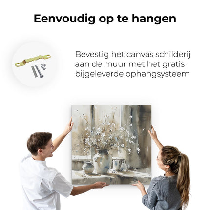 Canvas schilderij ophangen Aquarelkunstwerk van Bloemen in een Vaas op een Vensterbank