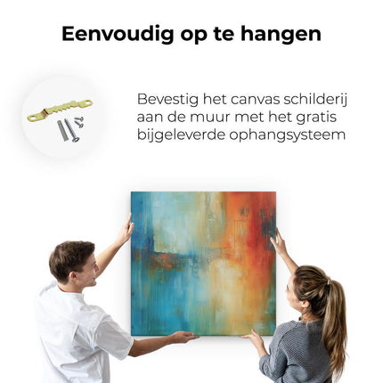 Canvas schilderij ophangen Abstract Kunstwerk met Blauwe, Oranje en Rode Kleuren