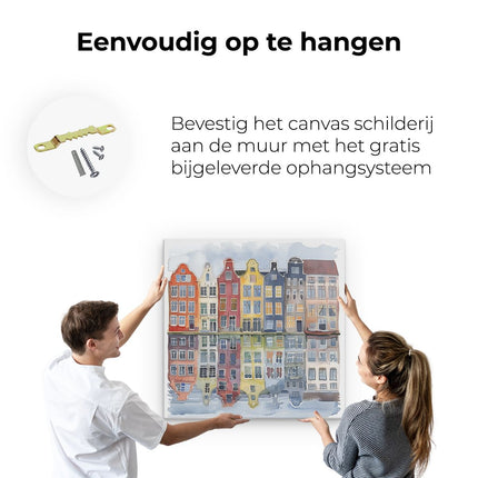 Canvas schilderij ophangen Kleurrijke Huizen Weerspiegeld in een Watermassa