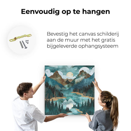 Canvas schilderij ophangen Aquarelkunstwerk van Bergen en een Meer