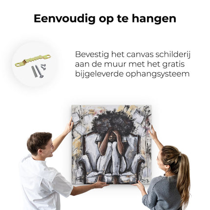 Canvas schilderij ophangen Vrouw met Afrohaar Zittend op een Stoel