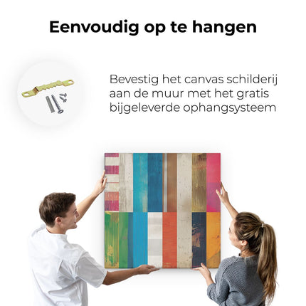 Canvas schilderij ophangen Kleurrijke Strepen op een Houten Achtergrond