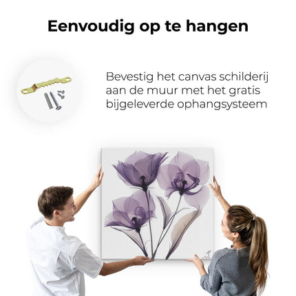 Canvas schilderij ophangen Drie Paarse Bloemen op een Witte Achtergrond