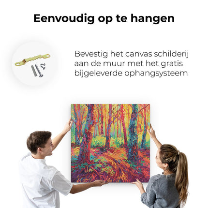 Canvas schilderij ophangen Kleurrijk Kunstwerk van Bomen in een Bos