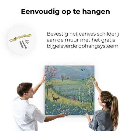 Canvas schilderij ophangen Vrouw loopt door een Weiland met Katten en Vogels