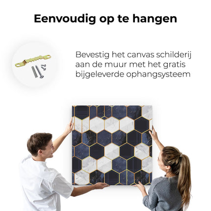 Canvas schilderij ophangen Blauw en Goud Marmerpatroon met Zeshoeken