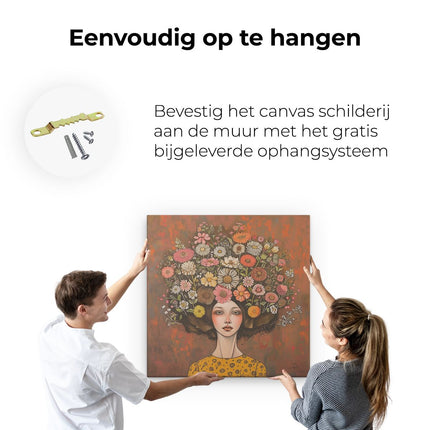 Canvas schilderij ophangen Vrouw met Bloemen op haar Hoofd