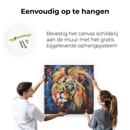 Canvas schilderij ophangen Kleurrijk Kunstwerk van een Leeuw met Verfspatten