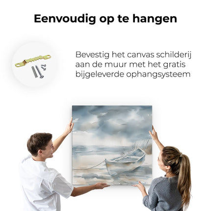 Canvas schilderij ophangen Aquarelkunstwerk van een Boot op het Strand