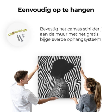 Canvas schilderij ophangen Silhouet van een Vrouw voor een Zebrapatroon