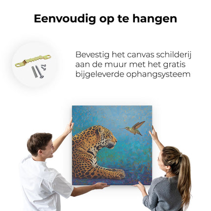 Canvas schilderij ophangen Kunstwerk van een Jaguar en een Kolibrie