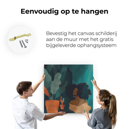 Canvas schilderij ophangen Illustratie van een Vrouw met Afrohaar en een Potplant