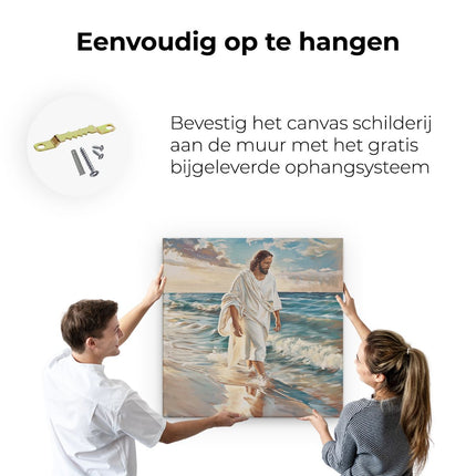 Canvas schilderij ophangen Jezus loopt op het Strand