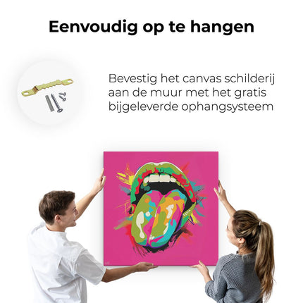 Canvas schilderij ophangen De Tong van de Rollende Stenen op een Roze Achtergrond