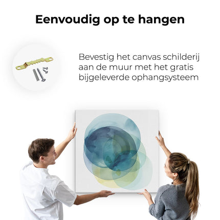 Canvas schilderij ophangen Blauwe, Gele en Groene Cirkels op een Witte Achtergrond