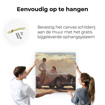 Canvas schilderij ophangen Man en een Vrouw Staan ​​Naast een Auto